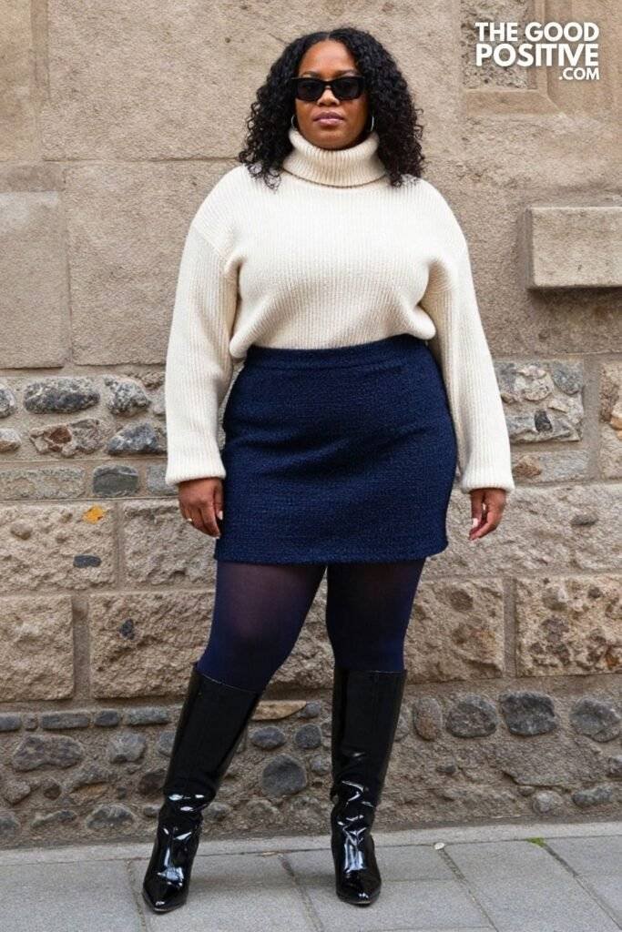 Plus Size Midnight Navy Boucle Mini Skirt & Oversized Turtleneck Sweater Outfit