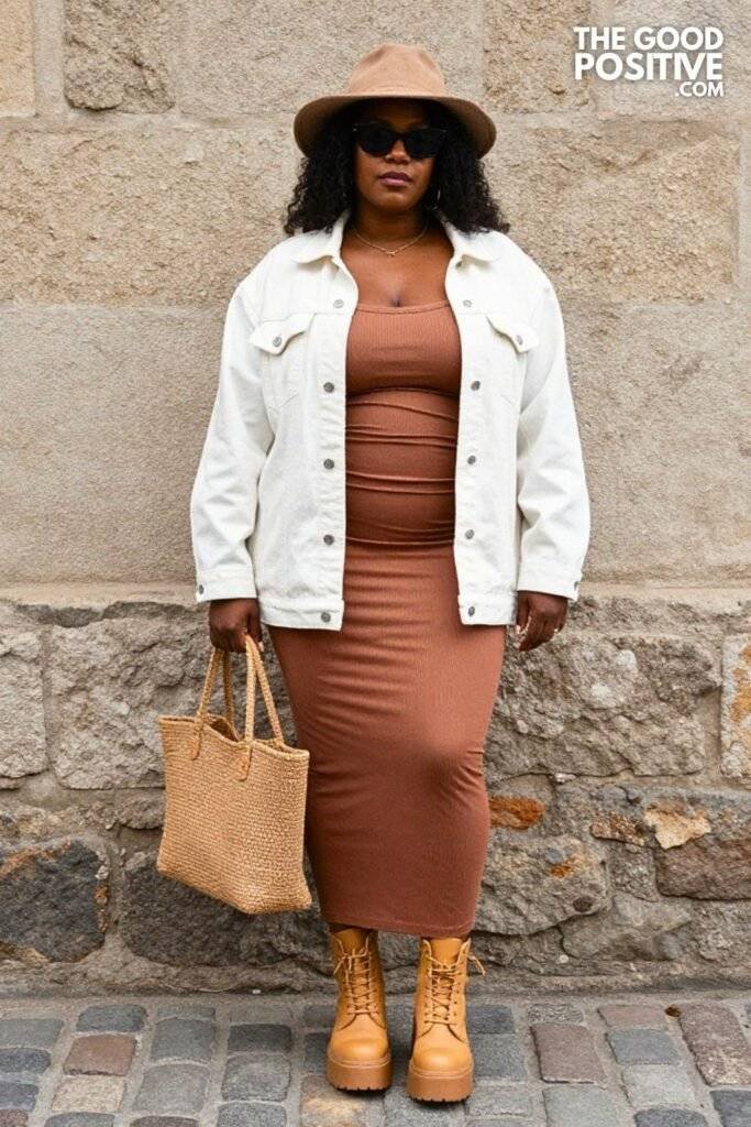 Plus Size Mocha Brown Ribbed Maxi Dress With Oversized Denim Jacket