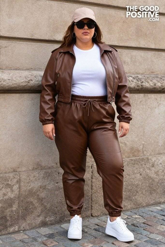 Plus Size Mocha Faux Leather Joggers Cropped Moto Jacket Outfit