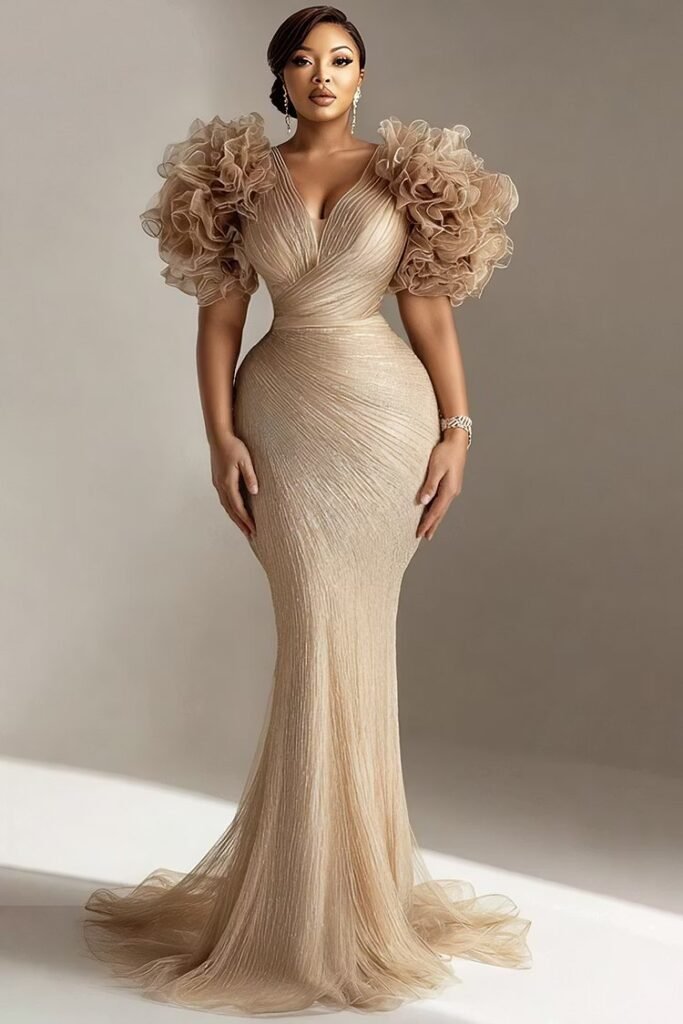 Plus Size Mother Of The Bride Champagne V Neck Bodycon 3D Tulle Maxi Dress