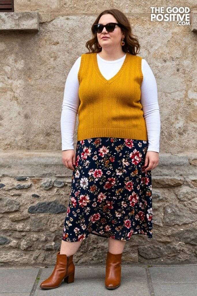 Plus Size Mustard Sweater Vest With Floral Maxi Skirt Outfit