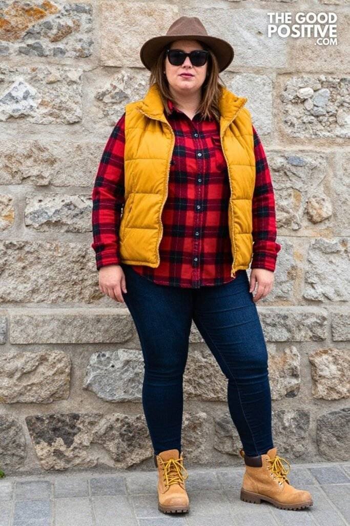 Plus Size Mustard Yellow Puffer Vest Flannel Shirt Dark Jeans Outfit