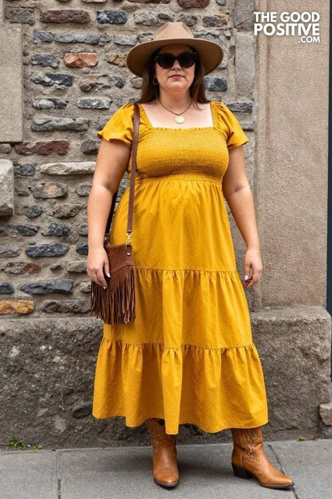 Plus Size Mustard Yellow Smocked Bodice Tiered Maxi Dress