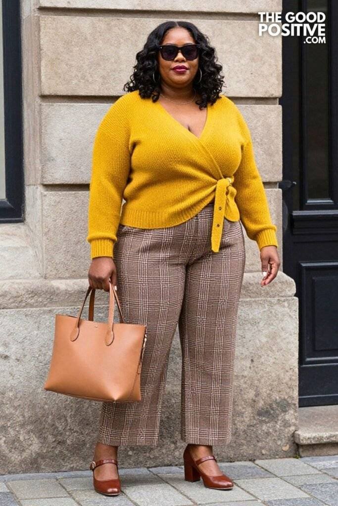 Plus Size Mustard Yellow Wrap-Front Knit Sweater & Plaid Wide-Leg Trousers Outfit