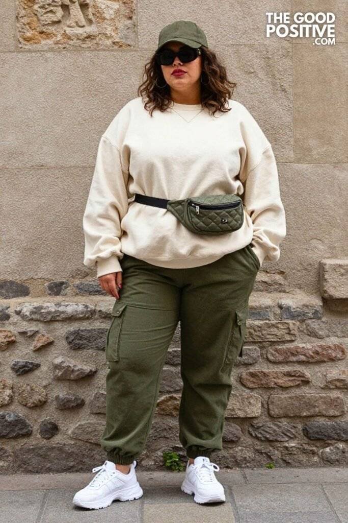 Plus Size Olive Cargo Joggers With Oversized Graphic Sweatshirt
