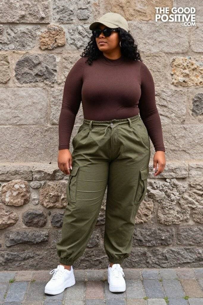 Plus Size Olive Parachute Cargo Pants & Ribbed Mock-Neck Bodysuit Outfit