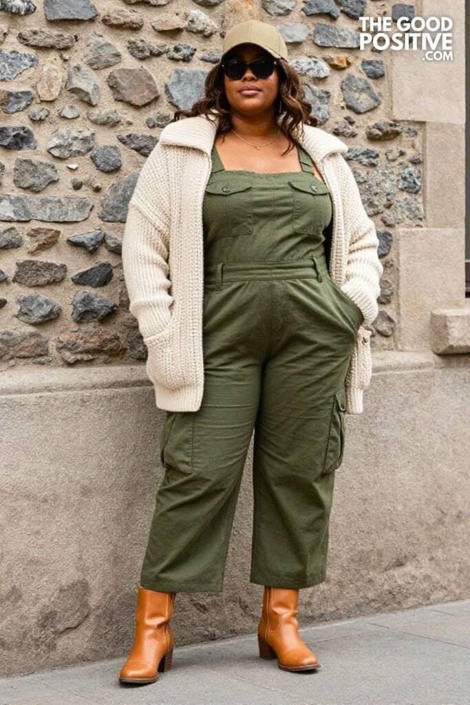 Plus Size Olive Utility Jumpsuit Chunky Knit Vest Outfit