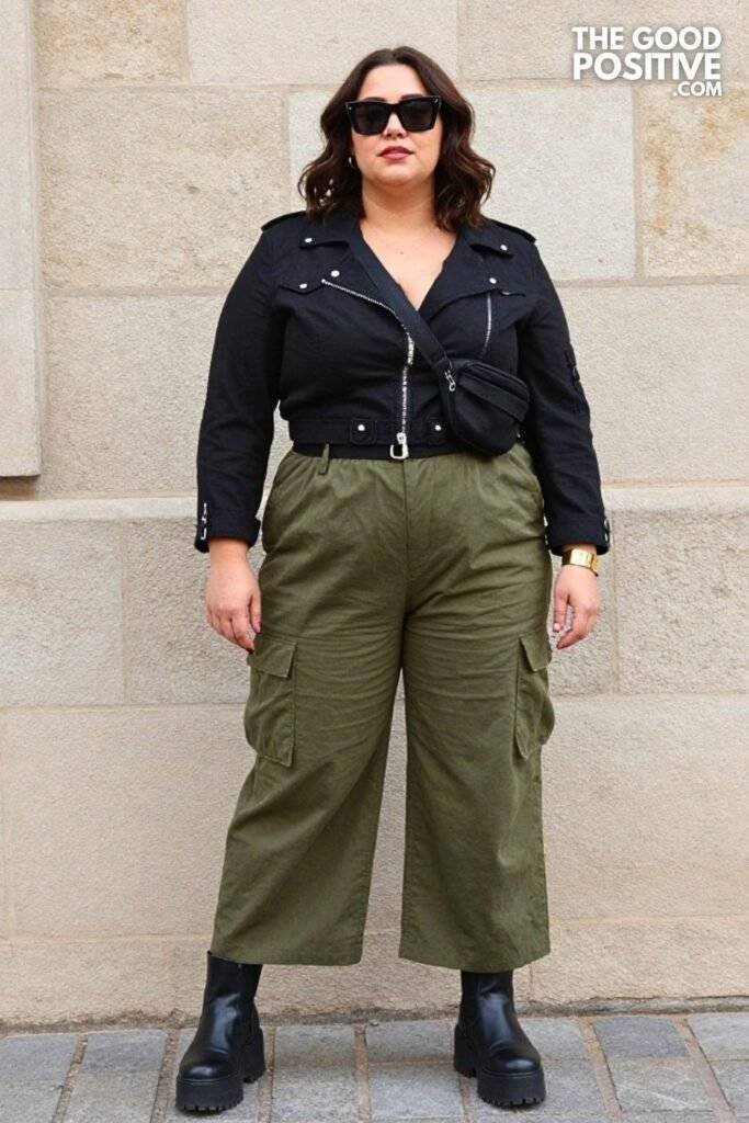 Plus Size Olive Utility Jumpsuit With Cropped Moto Jacket Outfit