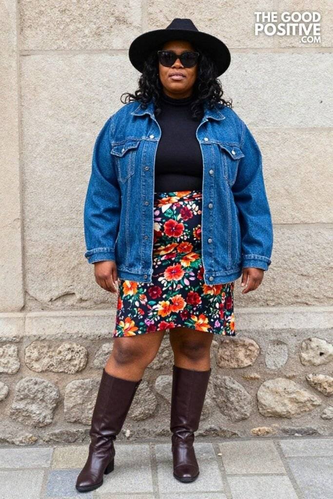 Plus Size Oversized Denim Jacket Floral Maxi Skirt Outfit