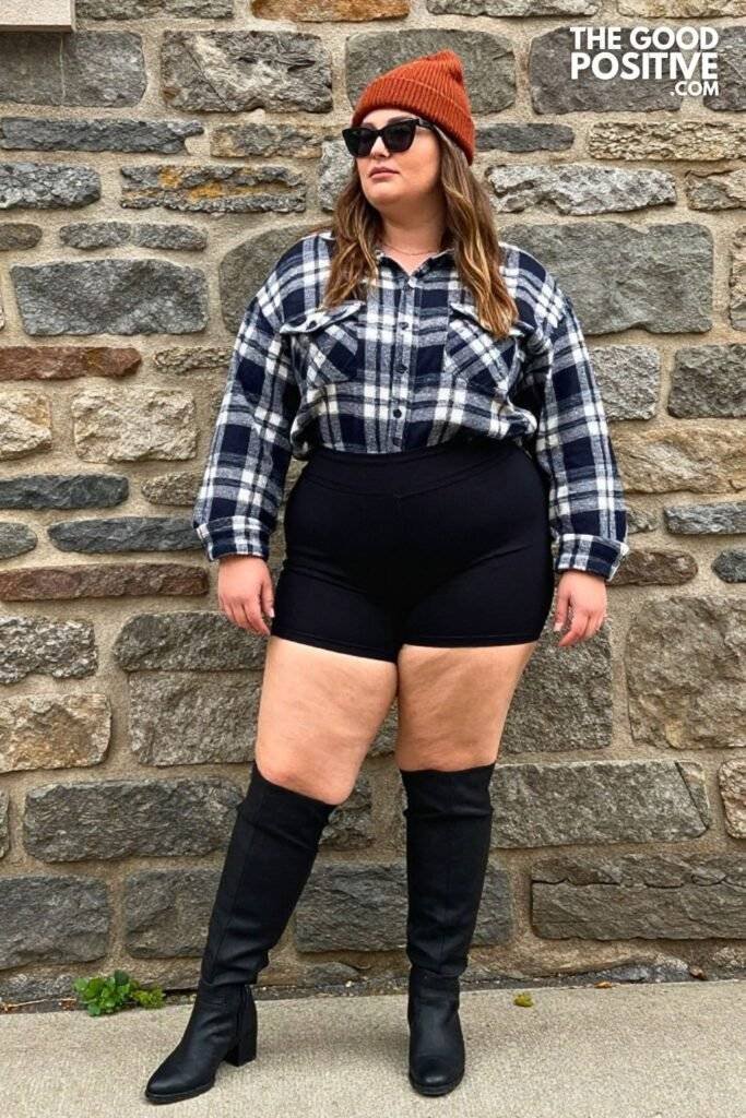 Plus Size Oversized Flannel Shirt With Biker Shorts And Boots Outfit