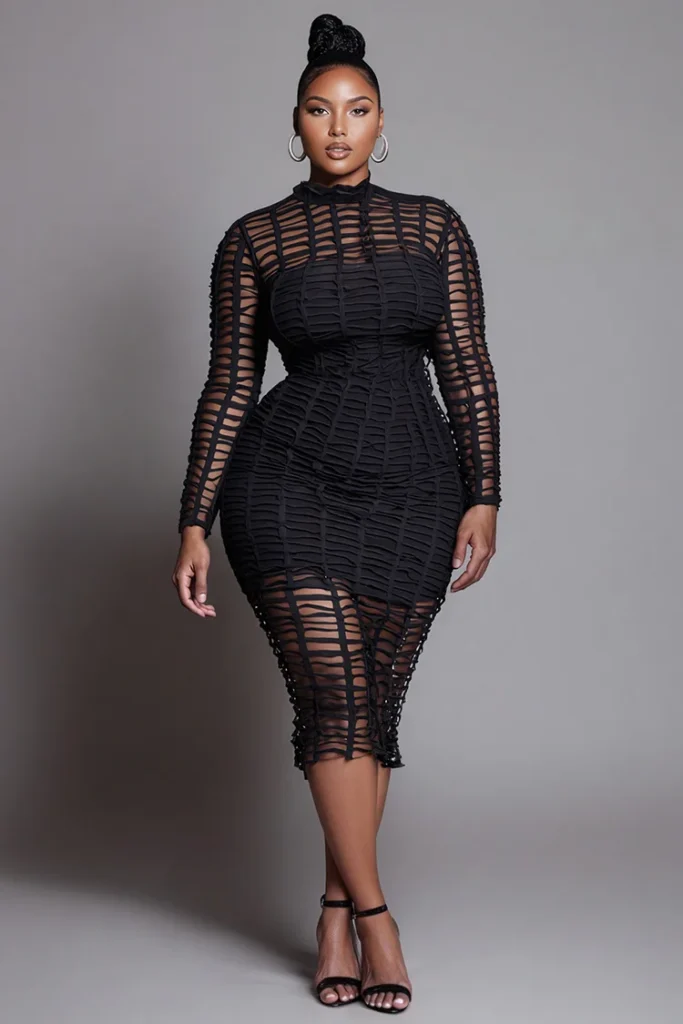 Plus Size Party Black Round Neck Long Sleeve Cut Out Elegant Bodycon Midi Dress