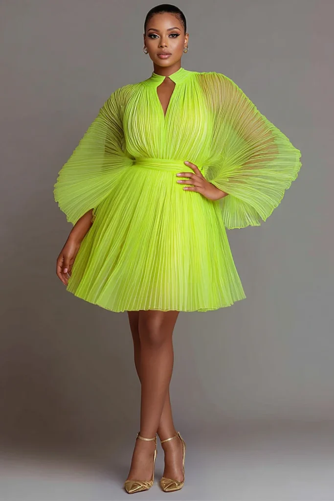 Plus Size Party Fluorescent Green Stand-Up Collar Lantern Sleeve Long Sleeve Pleated See Through Tulle Mini Dress