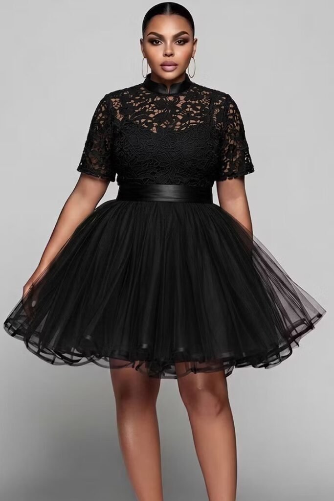 Plus Size Party Tulle Black Mandarin Collar Short Sleeve See Through Contrast Lace Mini Dress