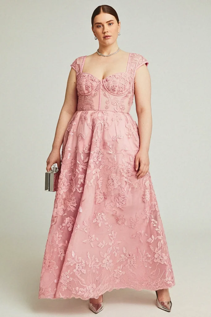 Plus Size Pink Maxi Embroidered Mesh Wedding Guest Dress