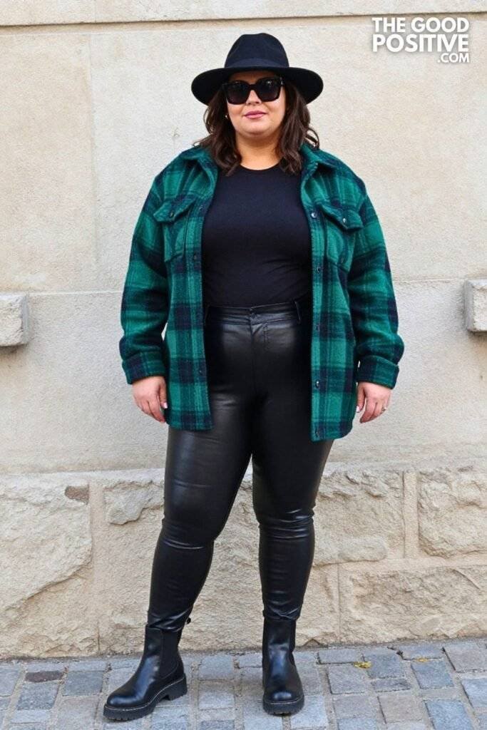 Plus Size Plaid Shacket High-Waist Faux Leather Leggings Outfit