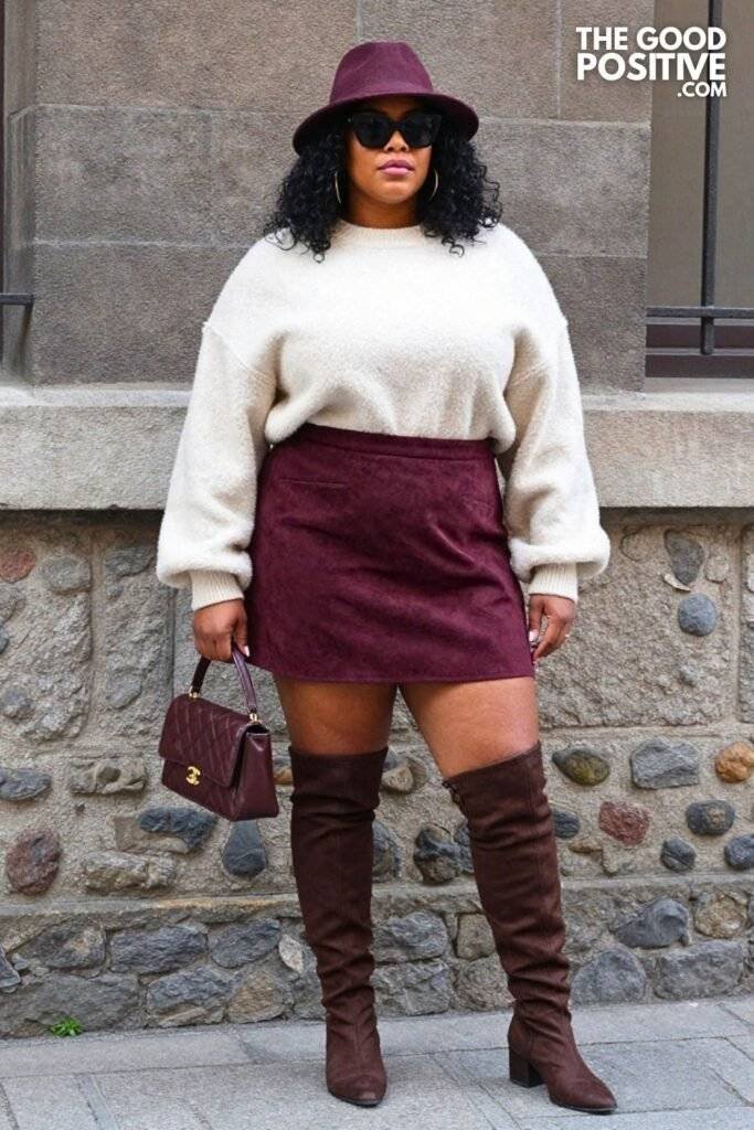 Plus Size Plum Faux Suede Mini Skirt With Oversized Sherpa Pullover