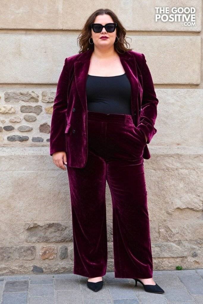 Plus Size Plum Velvet Blazer & Wide-Leg Trouser Co-Ord Outfit