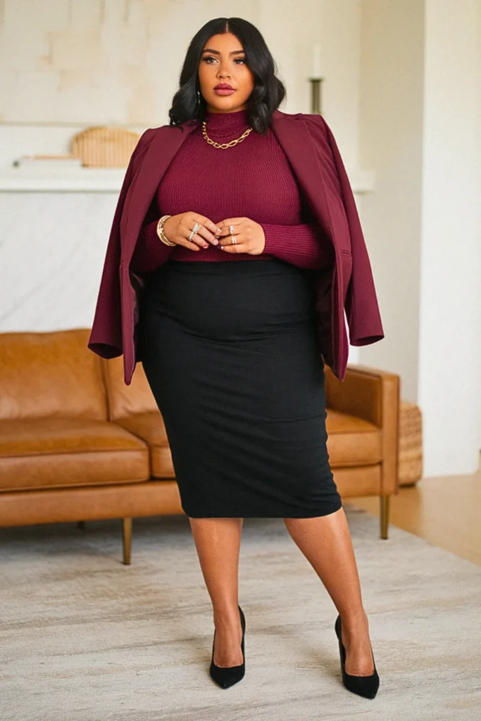 Plus Size Ribbed Sweater and Straight Skirt Fall Outfit