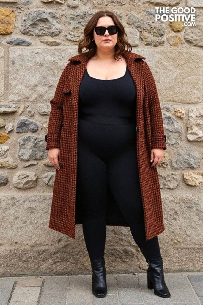 Plus Size Rust & Black Houndstooth Trench Coat & All-Black Fitted Unitard Outfit