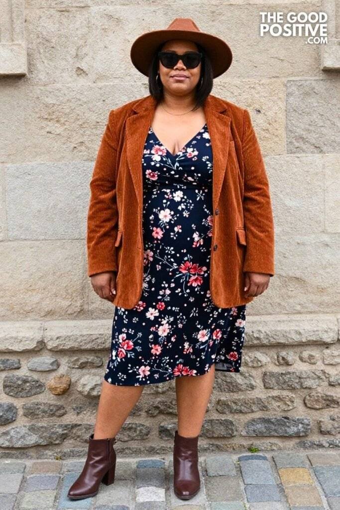 Plus Size Rust Corduroy Blazer Over Floral Midi Dress