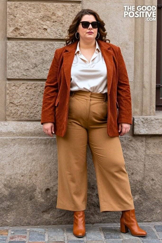 Plus Size Rust Corduroy Blazer With Wide-Leg Trousers Outfit