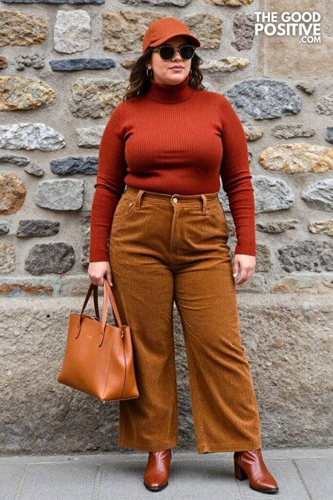 A extra large body Plus Size black woman with with big bust, big arms, big stomach, thick thigh, she is wearing a Rust ribbed fitted turtleneck top, wide-leg caramel corduroy pants, cognac leather ankle boots, tan structured crossbody bag, also sunglasses and hat or cap. She is standing againts a urban cobblestone wall with soft and natural light, realistic, vibrant, full body shot, candid pose.