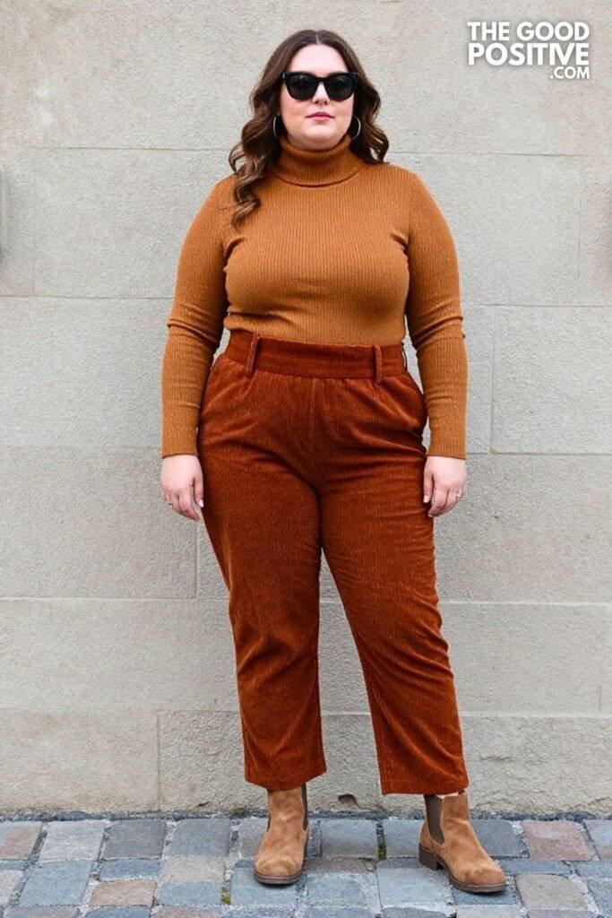 Plus Size Rust-Toned Corduroy Barrel-Leg Pants & Ribbed Turtleneck Outfit
