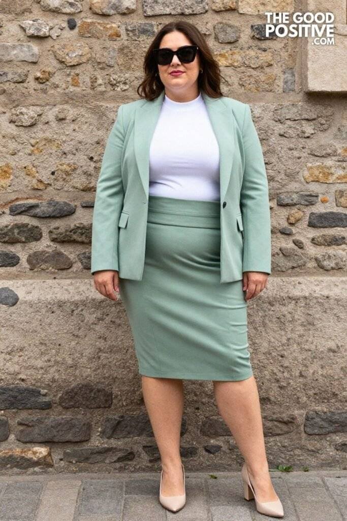 Plus Size Sage Green Ponte Blazer & Paperbag Waist Midi Skirt Outfit