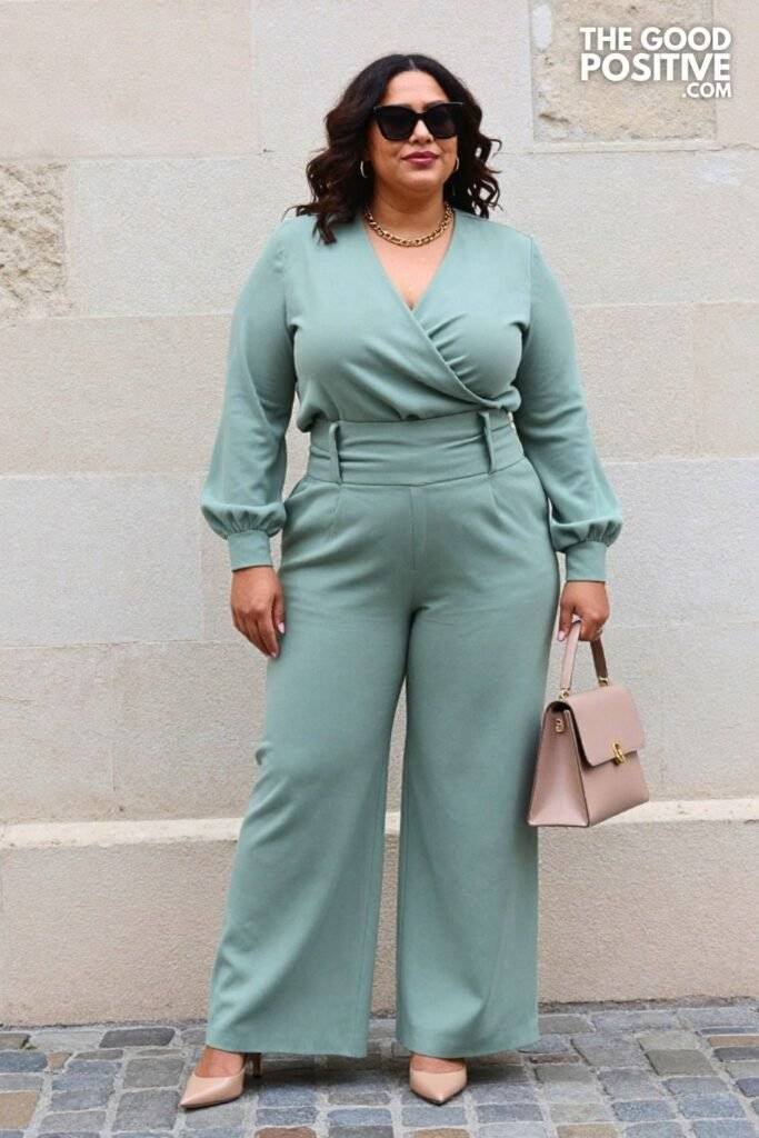 Plus Size Sage Green Wrap Blouse With Paperbag Waist Trousers Outfit