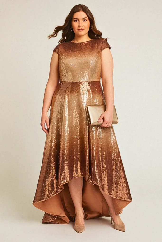 Plus Size Sequin Ombré Cap-Sleeve Wedding Guest Dress