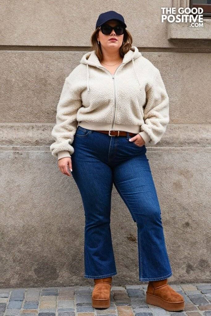 Plus Size Sherpa Zip-Up Hoodie High-Rise Flare Jeans Outfit