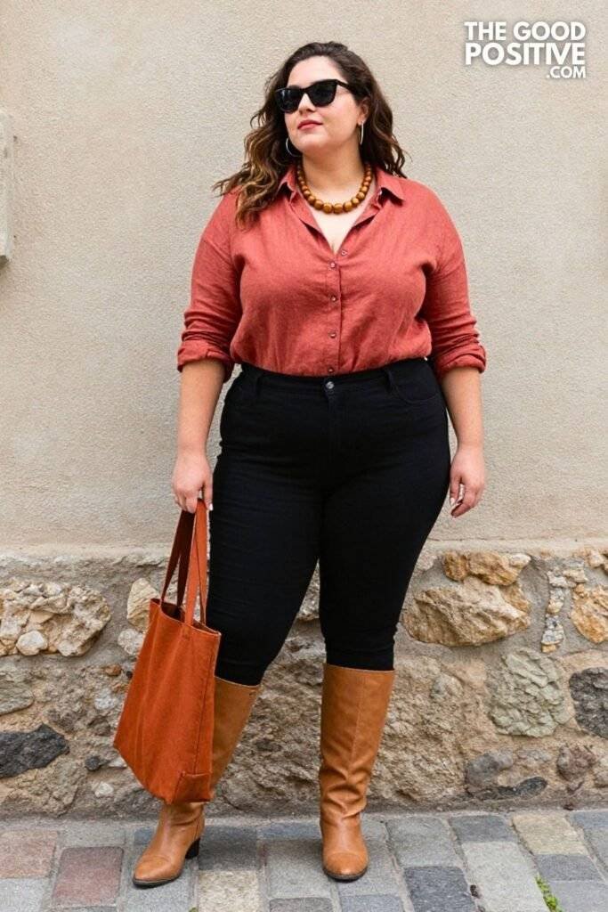 Plus Size Terracotta Linen Shirt Dress With Tall Shaft Boots Outfit