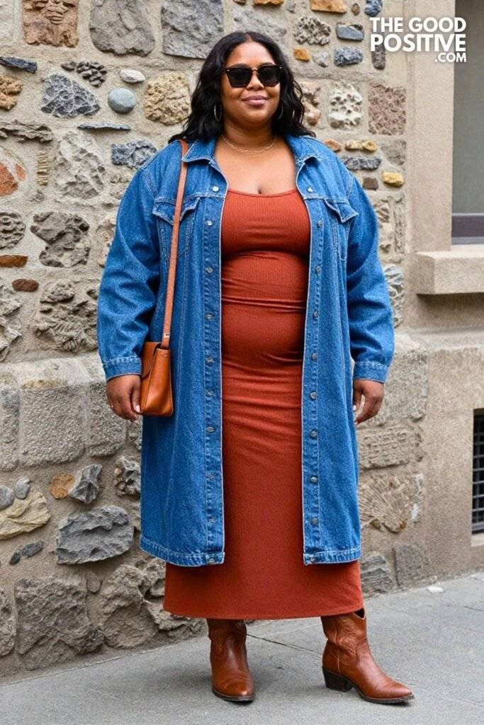 Plus Size Terracotta Ribbed Maxi Dress & Longline Denim Jacket Outfit