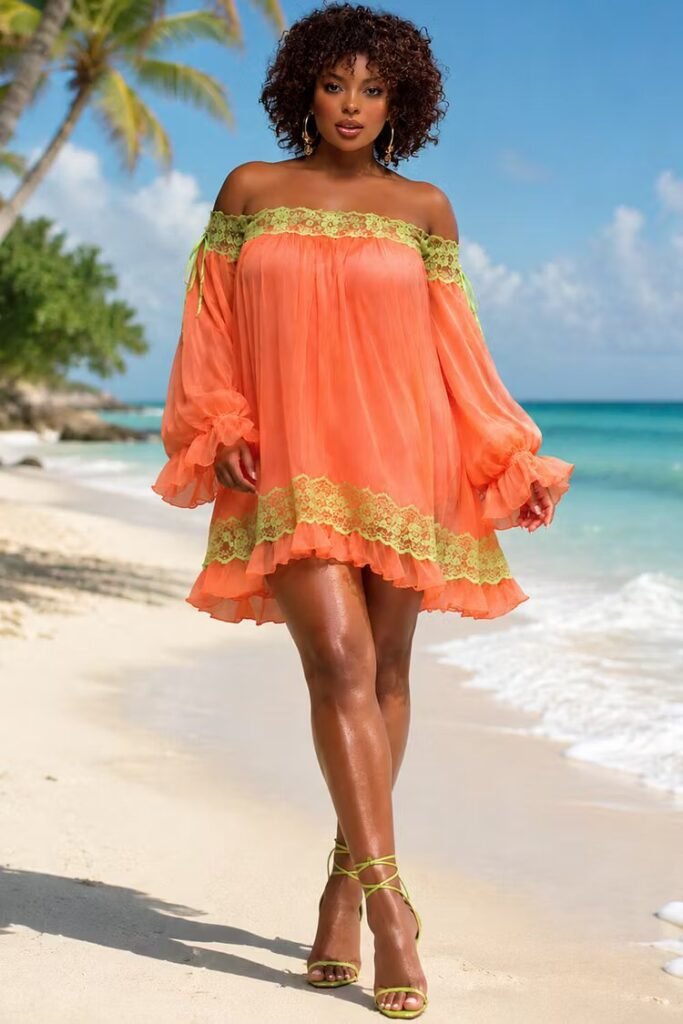 Plus Size Vacation Orange Off The Shoulder Lantern Sleeve Long Sleeve Ruffle Contrast Chiffon Mini Dress