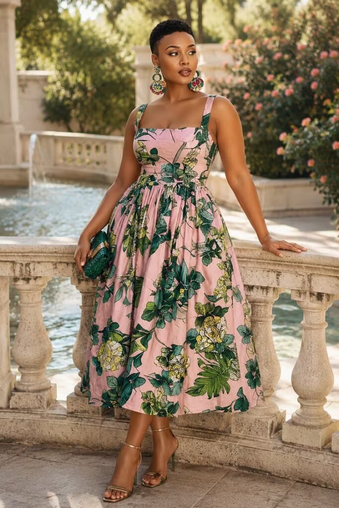 Plus Size Vacation Sundress Pink Floral Square Neck Pocket Satin Midi Dress