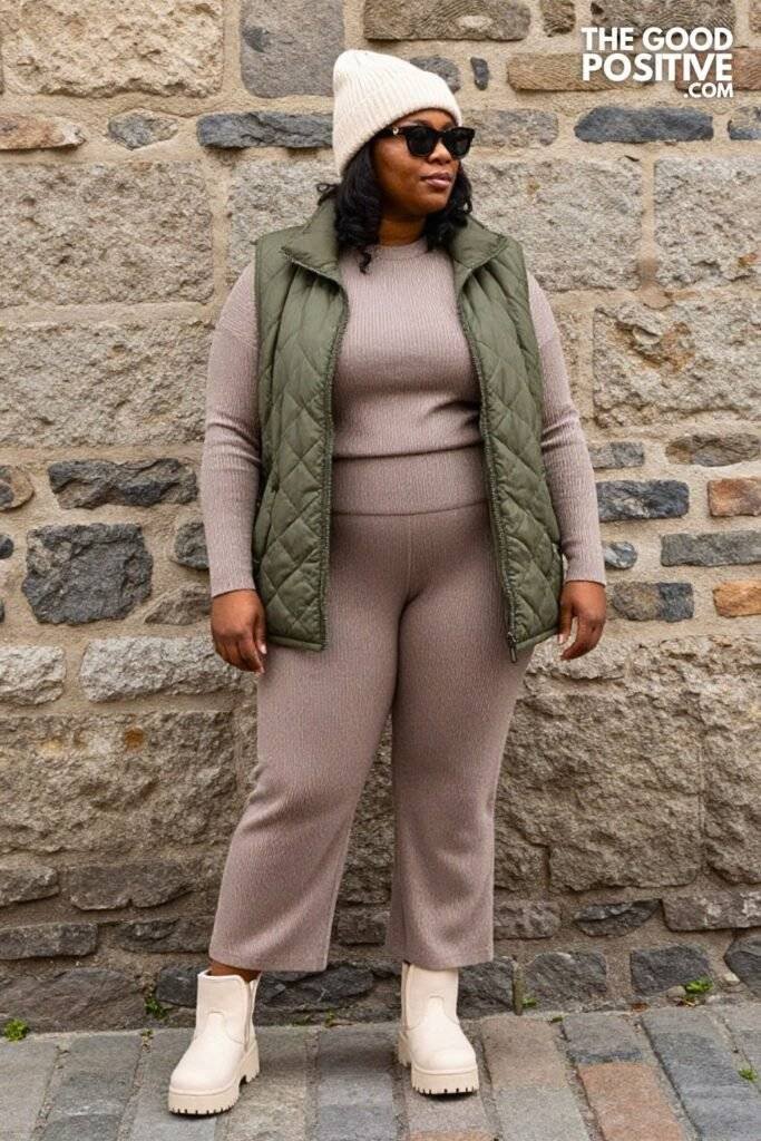 Plus Size Warm Taupe Knit Co-Ord Set & Quilted Vest Outfit