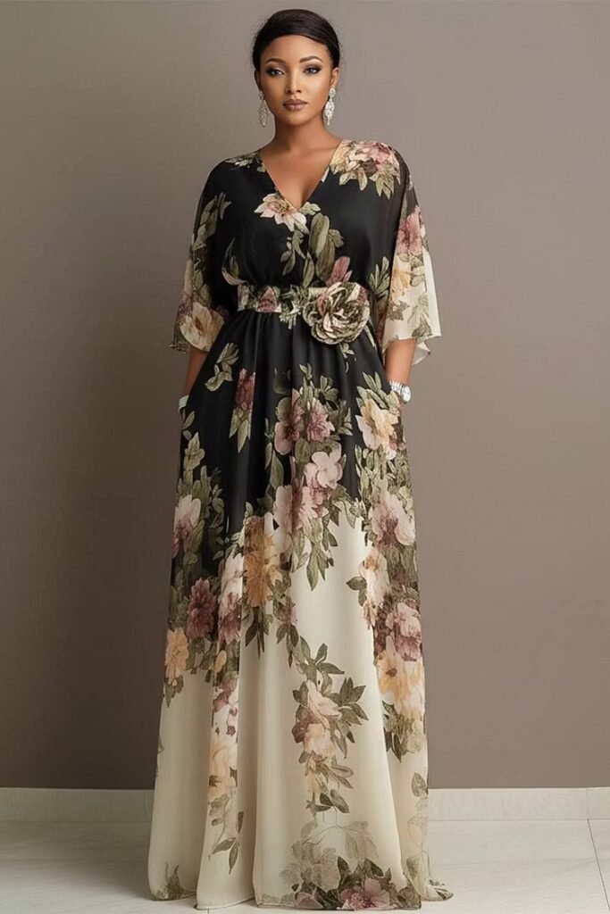 Plus Size Wedding Guest Black Floral Round Neck Flare 3:4 Sleeve Pocket 3D Chiffon Maxi Dress