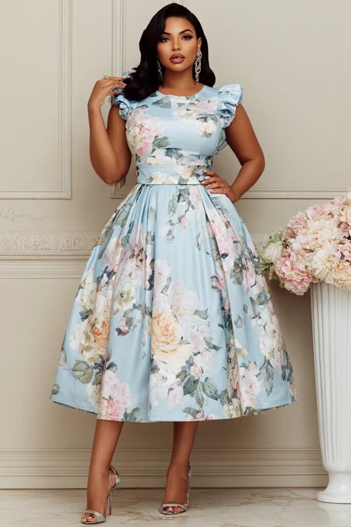 Plus Size Wedding Guest Blue Floral Round Neck Flutter Sleeve Pocket Ruffle Satin Midi Dress