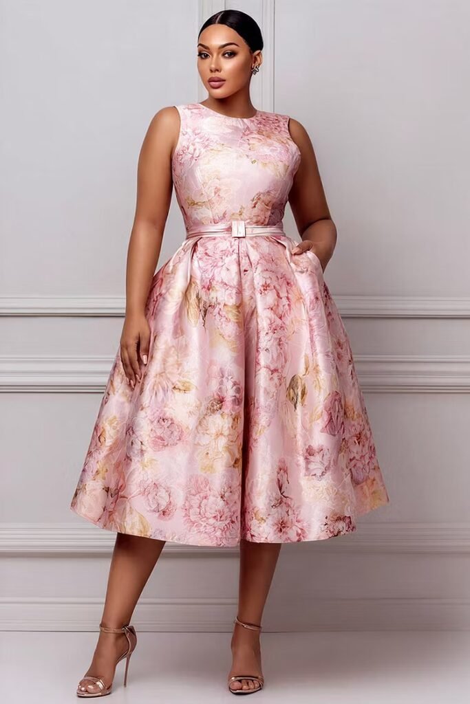 Plus Size Wedding Guest Elegant Pink Floral Round Neck Pocket Satin Midi Dress