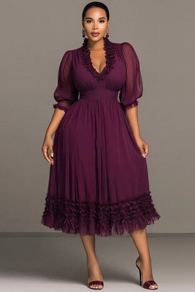 Plus Size Wedding Guest Elegant Purple V Neck Lantern Sleeve Half Sleeve Ruffle See Through Chiffon Midi Dress