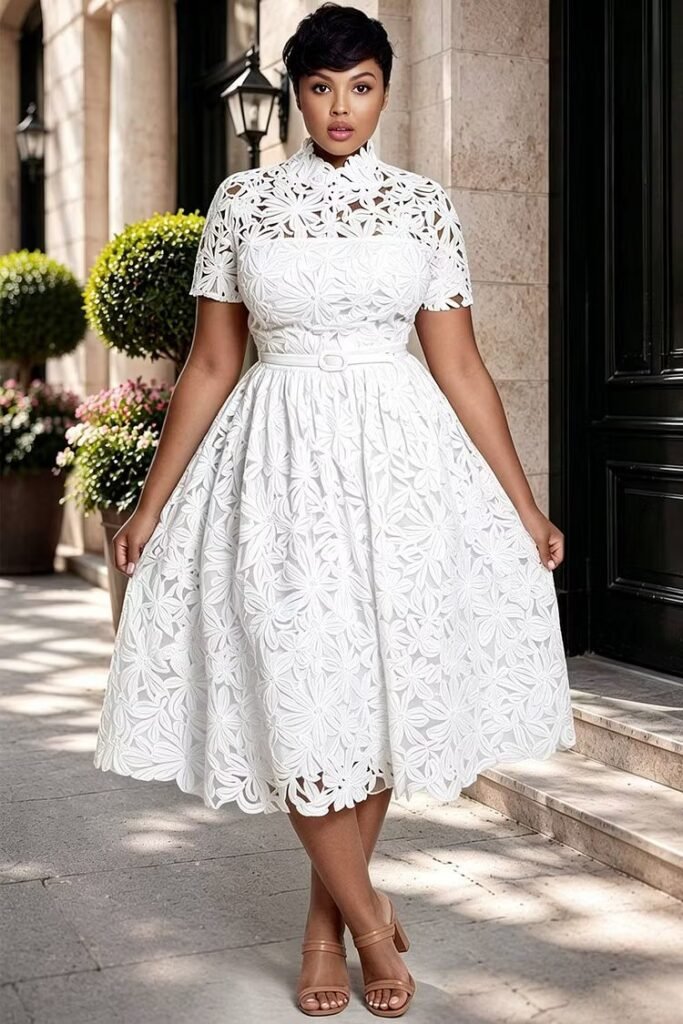 Plus Size Wedding Guest Elegant White Mock Neck Short Sleeve See Through Lace Midi Dress