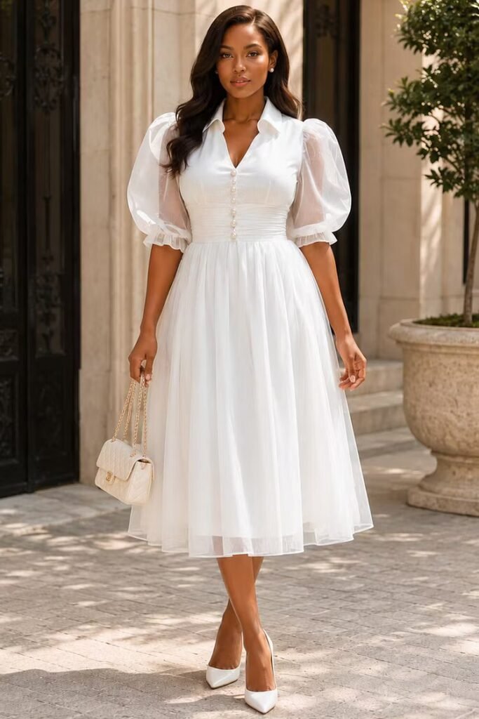 Plus Size Wedding Guest Elegant White Shirt Collar Puff Sleeve Short Sleeve Pearls Tulle Midi Dress