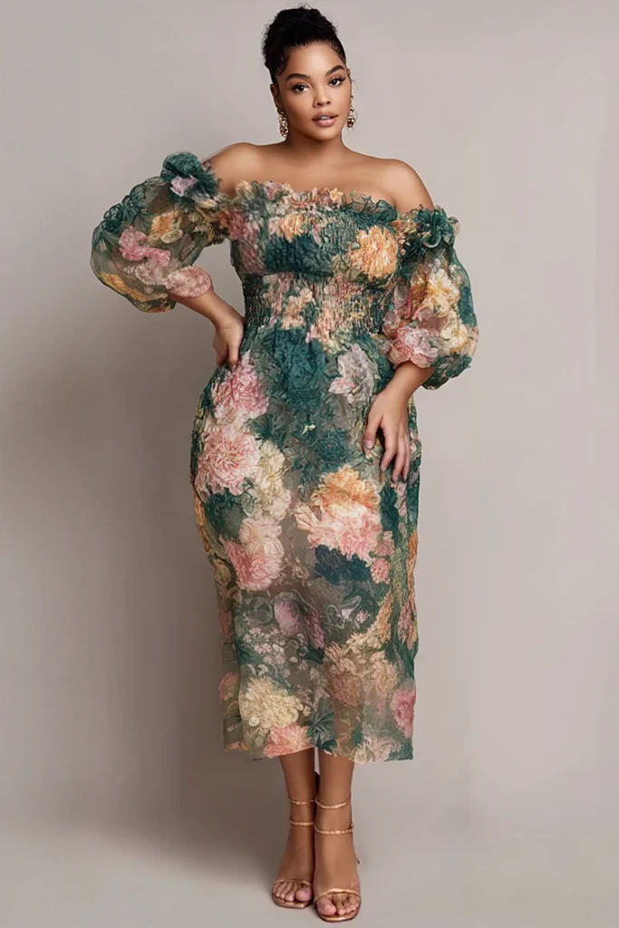 Plus Size Wedding Guest Green Floral Off The Shoulder Short Sleeve Smocking Chiffon Midi Dress