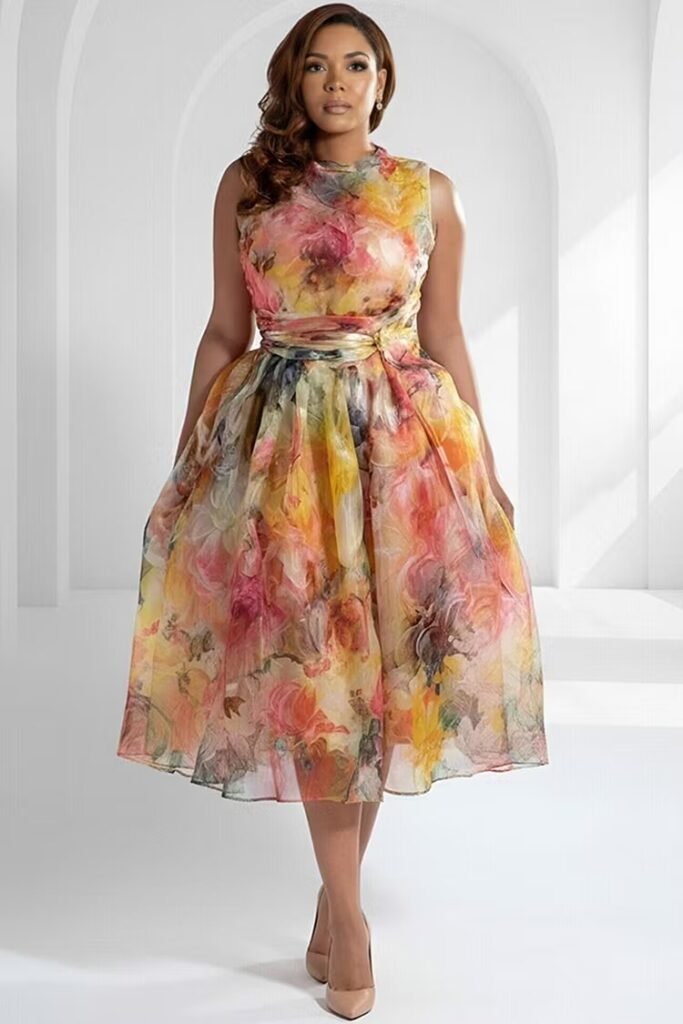 Plus Size Wedding Guest Multicolor Floral Round Neck Pocket Organza Midi Dress