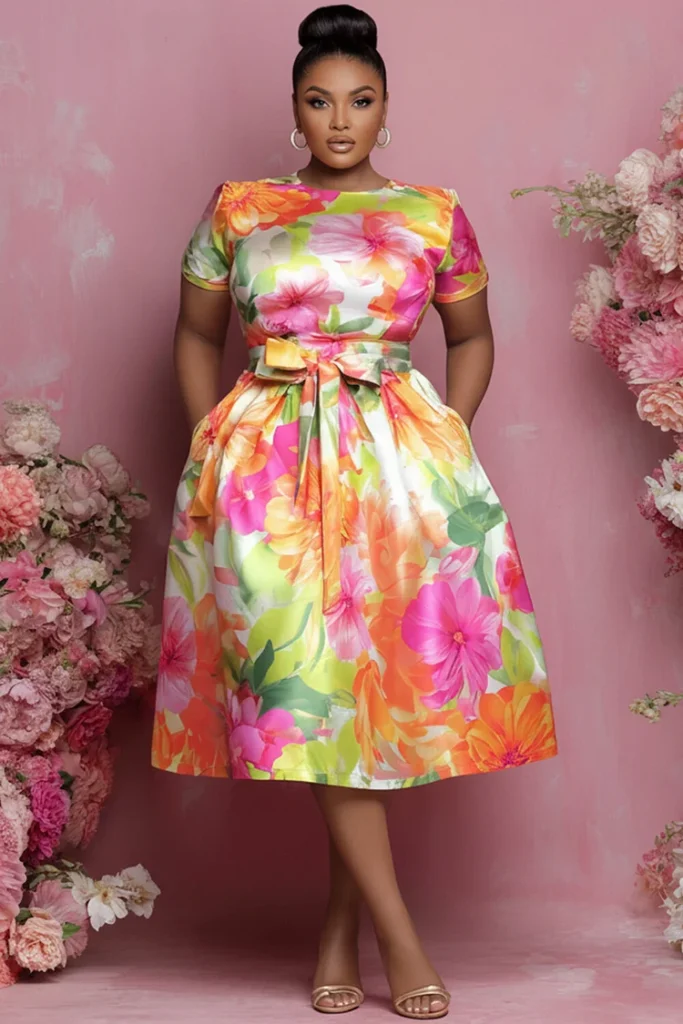 Plus Size Wedding Guest Multicolor Floral Round Neck Short Sleeve Pocket Wrap Satin Midi Dress