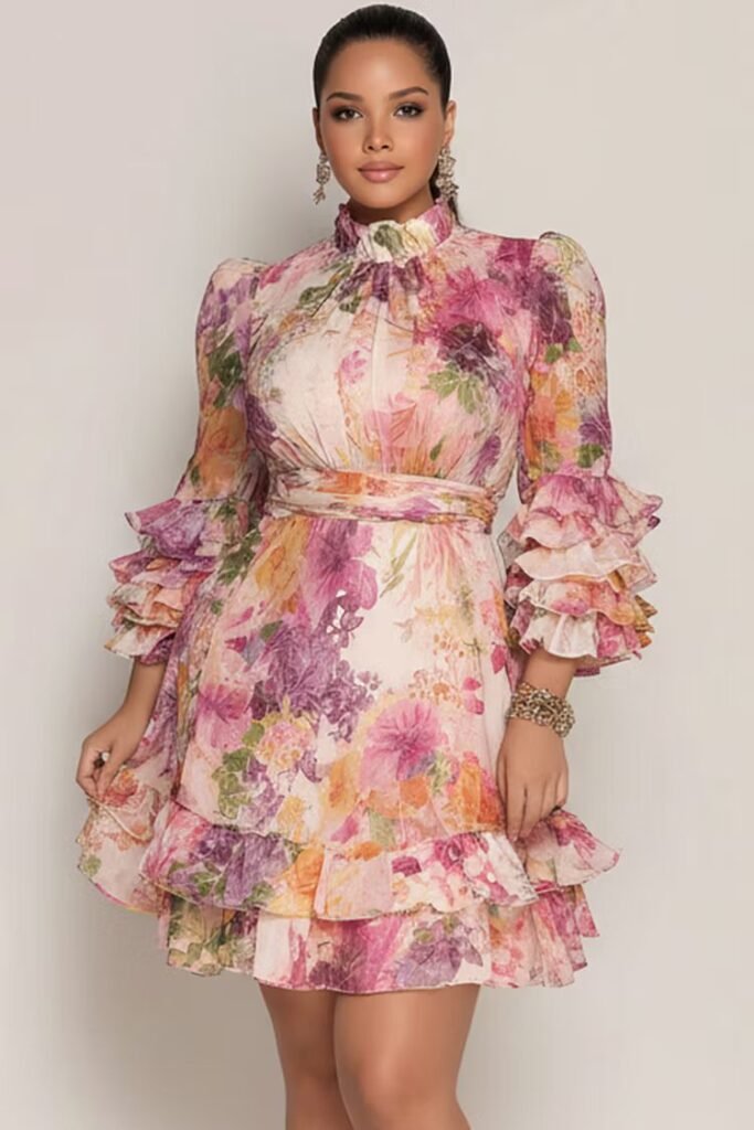 Plus Size Wedding Guest Pink Floral Mock Neck 3:4 Sleeve Ruffle Chiffon Mini Dress