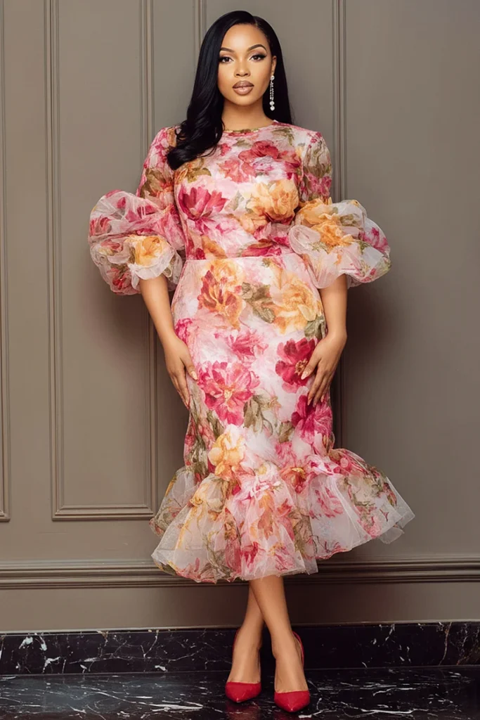 Plus Size Wedding Guest Pink Floral Round Neck Flare Half Sleeve Mermaid Ruffle Chiffon Midi Dress
