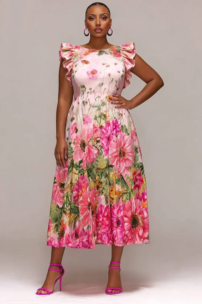 Plus Size Wedding Guest Pink Floral Round Neck Flutter Sleeve Pocket Chiffon Midi Dress