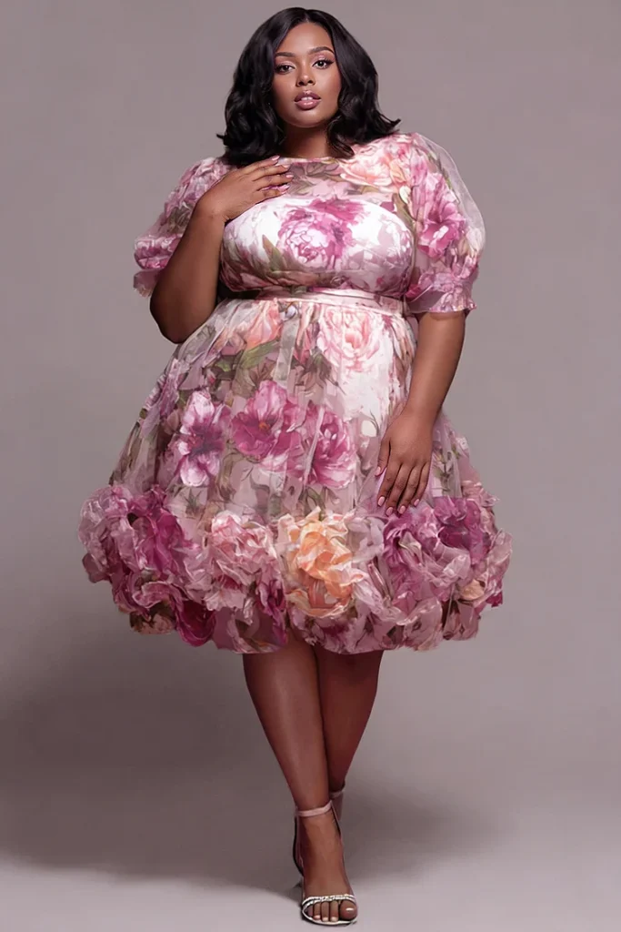 Plus Size Wedding Guest Pink Floral Round Neck Puff Sleeve Short Sleeve 3D Tulle Midi Dress