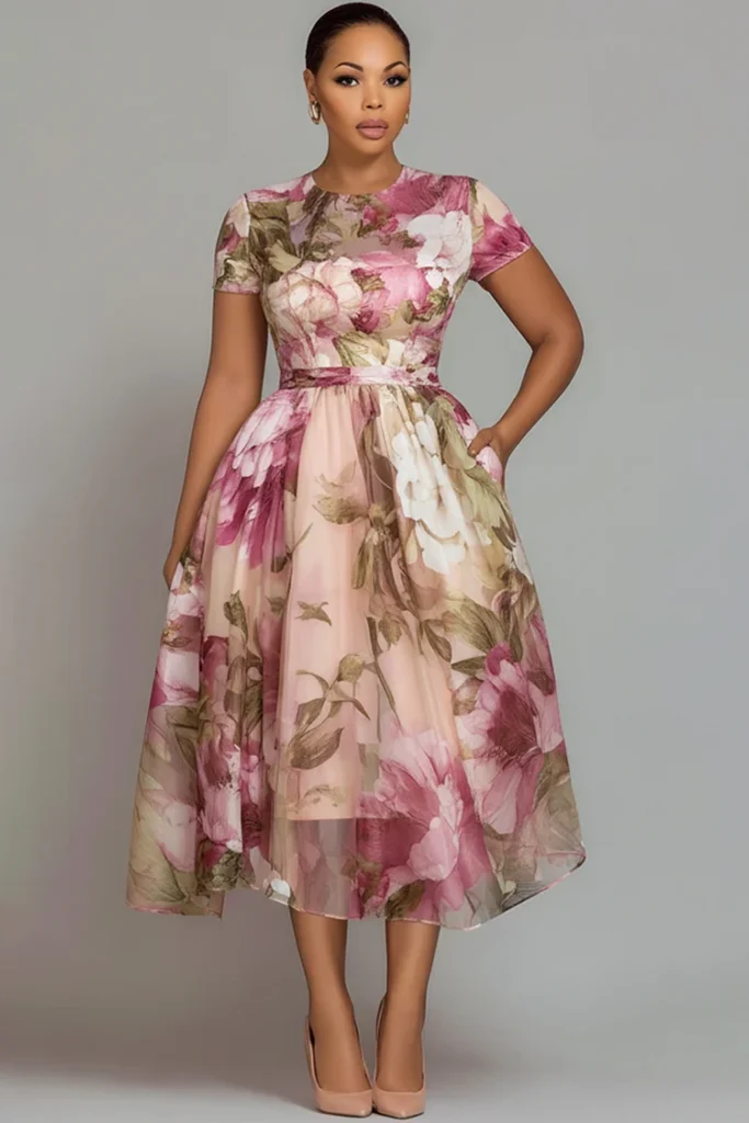 Plus Size Wedding Guest Pink Floral Round Neck Short Sleeve Pocket See Through Chiffon Midi Dress